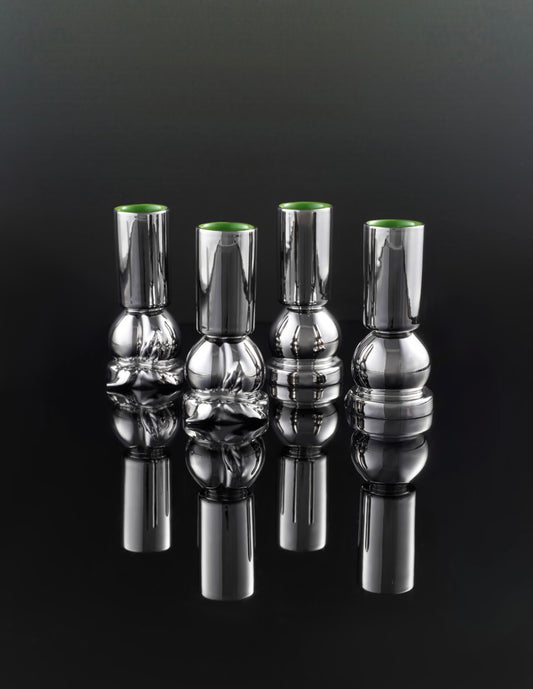 XI XING LE 喜行乐：Silver Peach Wine Cup Set of 4 桃樽小酒杯银色 四个一组